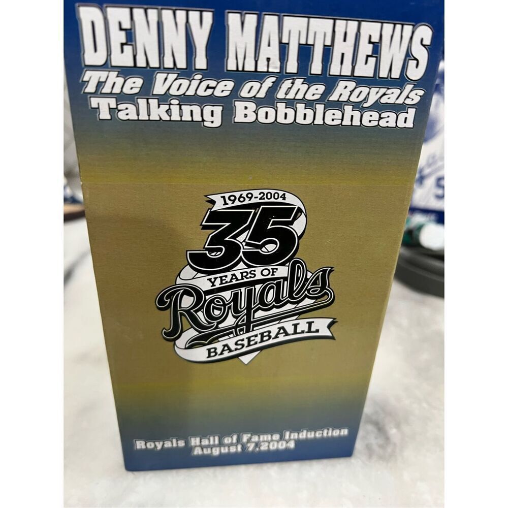 NIB DENNY MATTHEWS THE VOICE OF THE ROYALS TALKING BOBBLEHEAD 35 YRS BASEBALL
